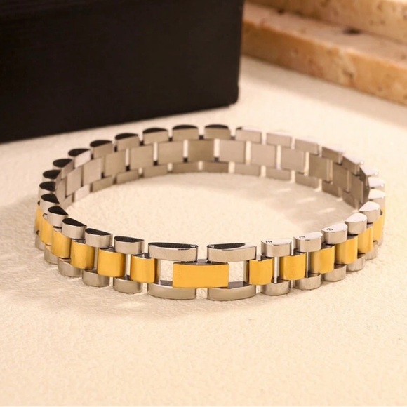Gold & Silver Two-Tone 18k Gold Plated Link Bracelet – 10mm Modern Statement - Picture 1 of 2